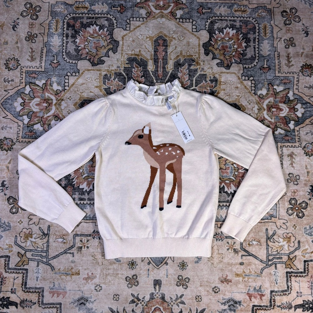 Janie and Jack Girls Cream Cotton Deer Intarsia Ruffle Collar Sweater Size 8 NWT